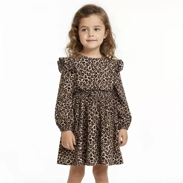 dress with ruffles, long sleeve dress, leopard print dress